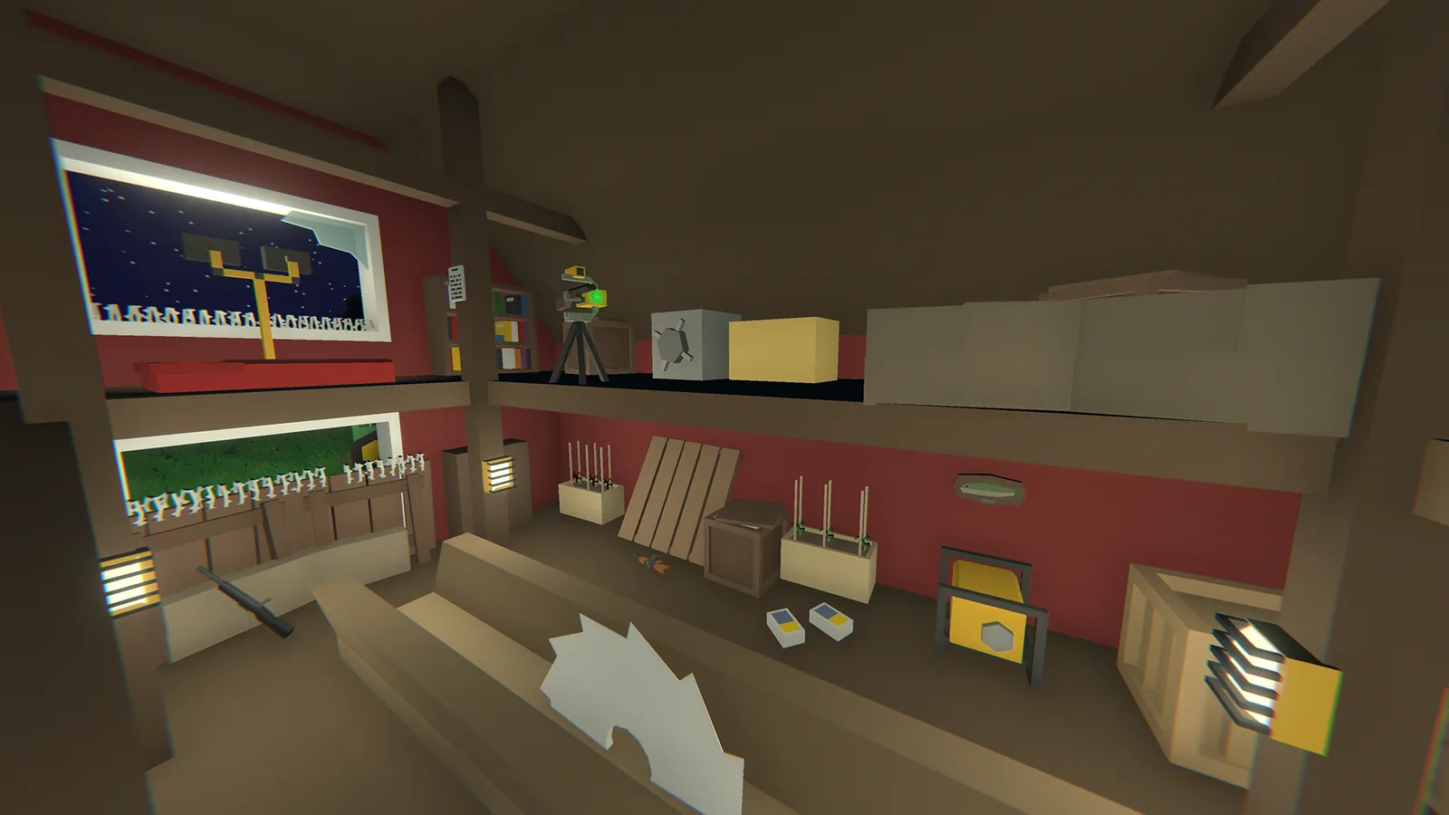 Unturned player building a wooden base inside a red barn
