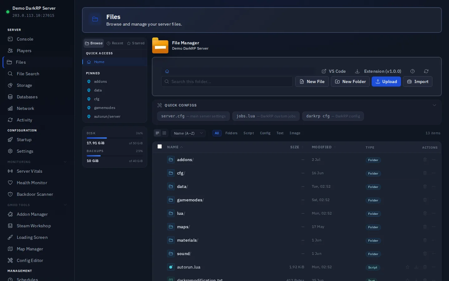 File Manager for a DarkRP server, showing the garrysmod folder structure and Quick Configs shortcuts for server.cfg, jobs.lua, and the DarkRP config