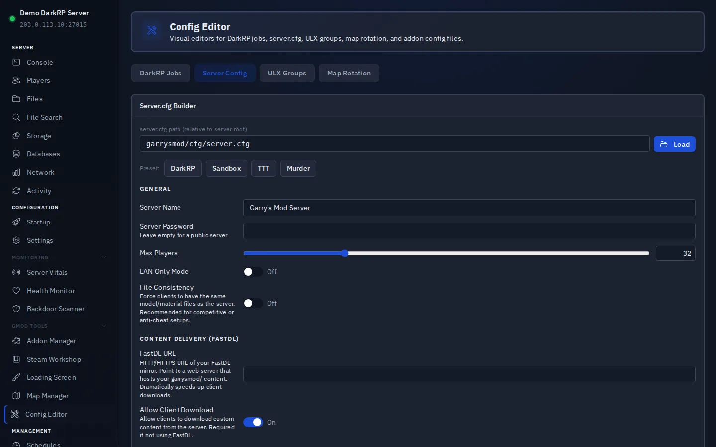 The Config Editor Server Config tab, showing a Server.cfg Builder with a DarkRP preset button and fields for server name, max players, and password