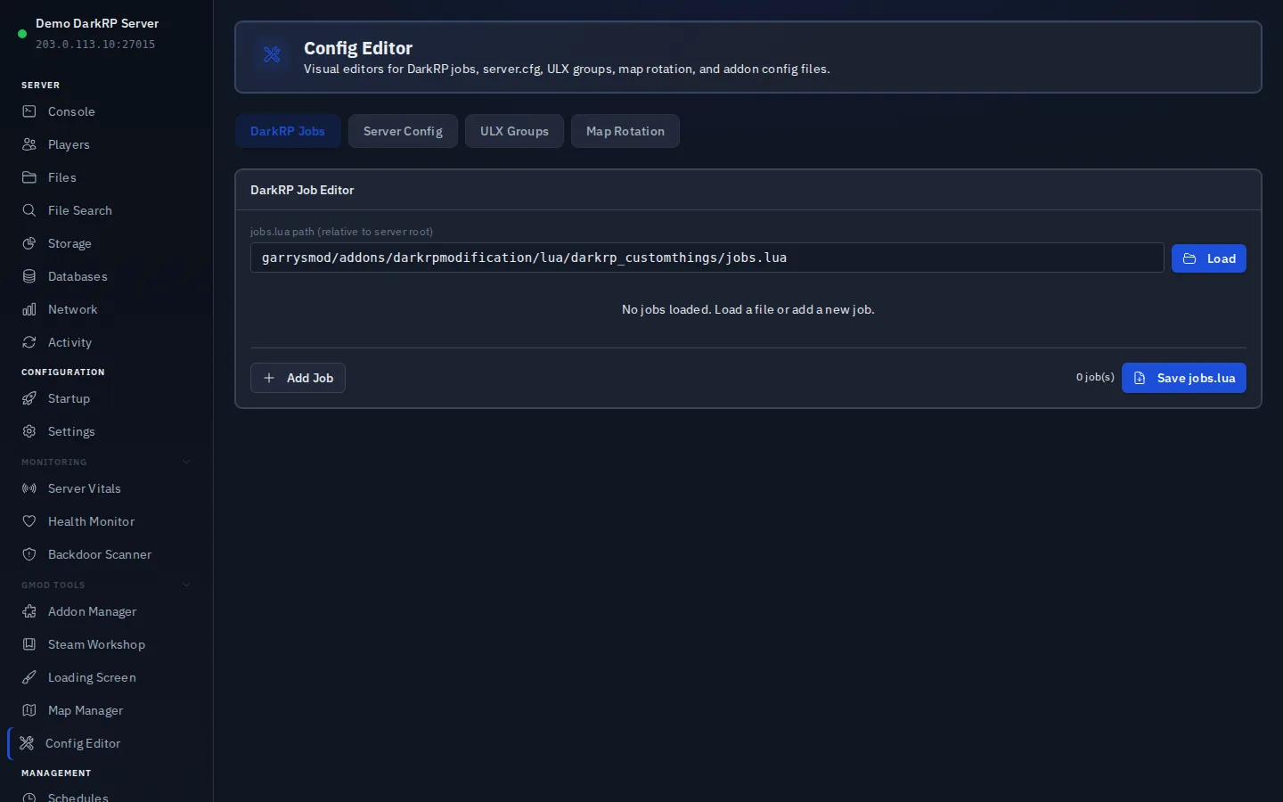 The Config Editor DarkRP Jobs tab, showing the jobs.lua path field and an Add Job button