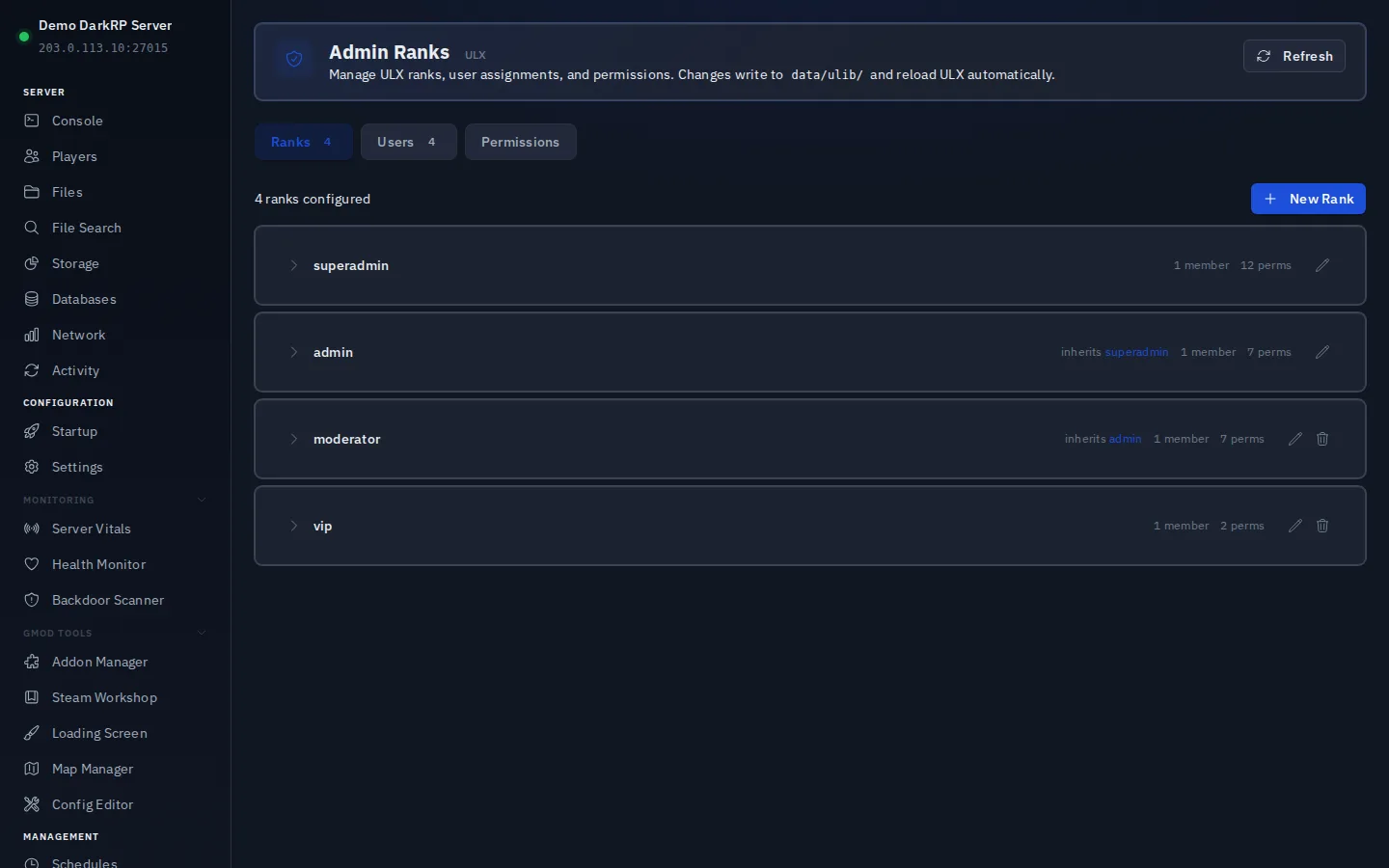 The Admin Ranks page showing four ULX ranks: superadmin, admin, moderator, and vip, with their inherit chain and permission counts