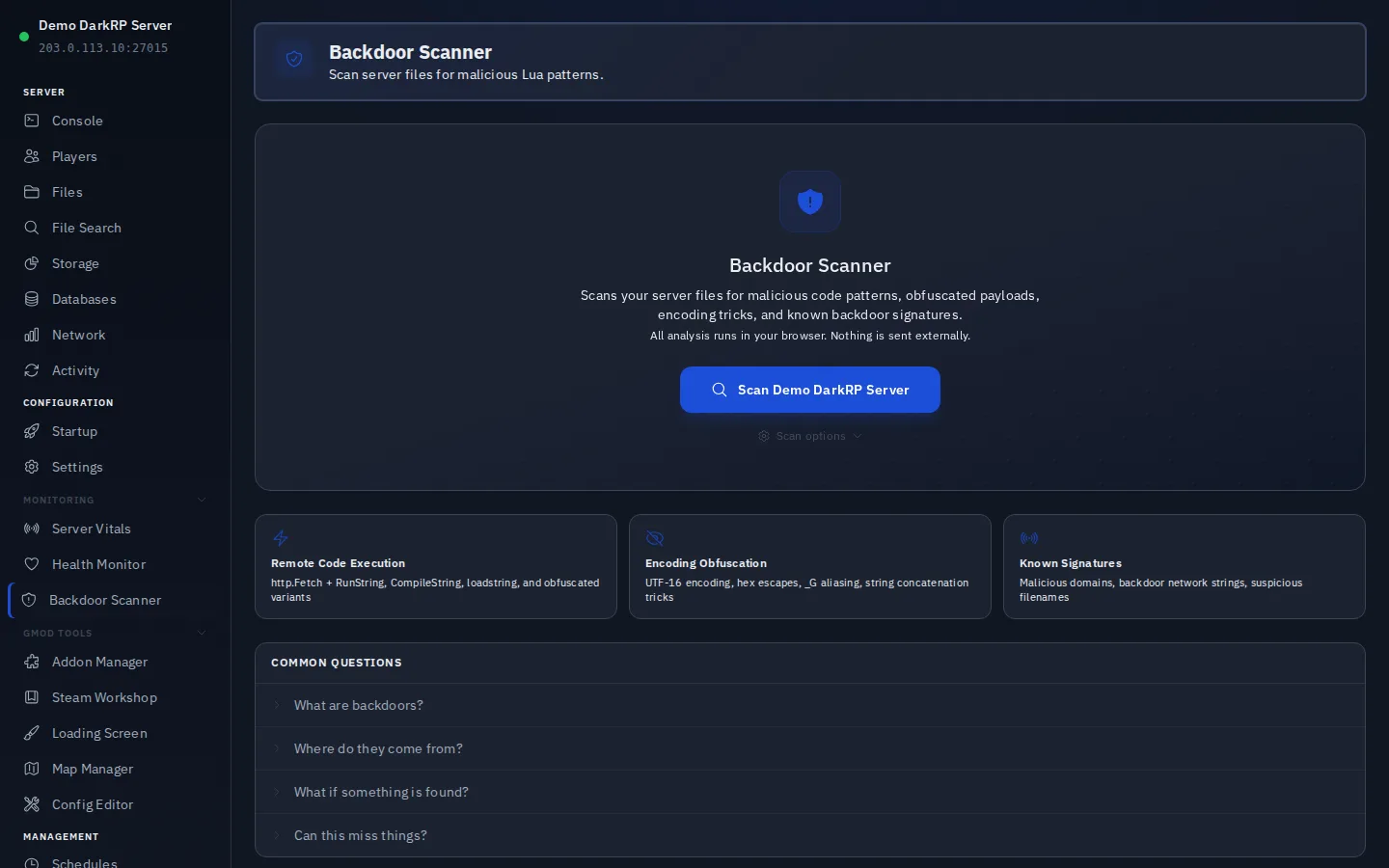 The Backdoor Scanner page, ready to scan the demo DarkRP server for malicious Lua patterns
