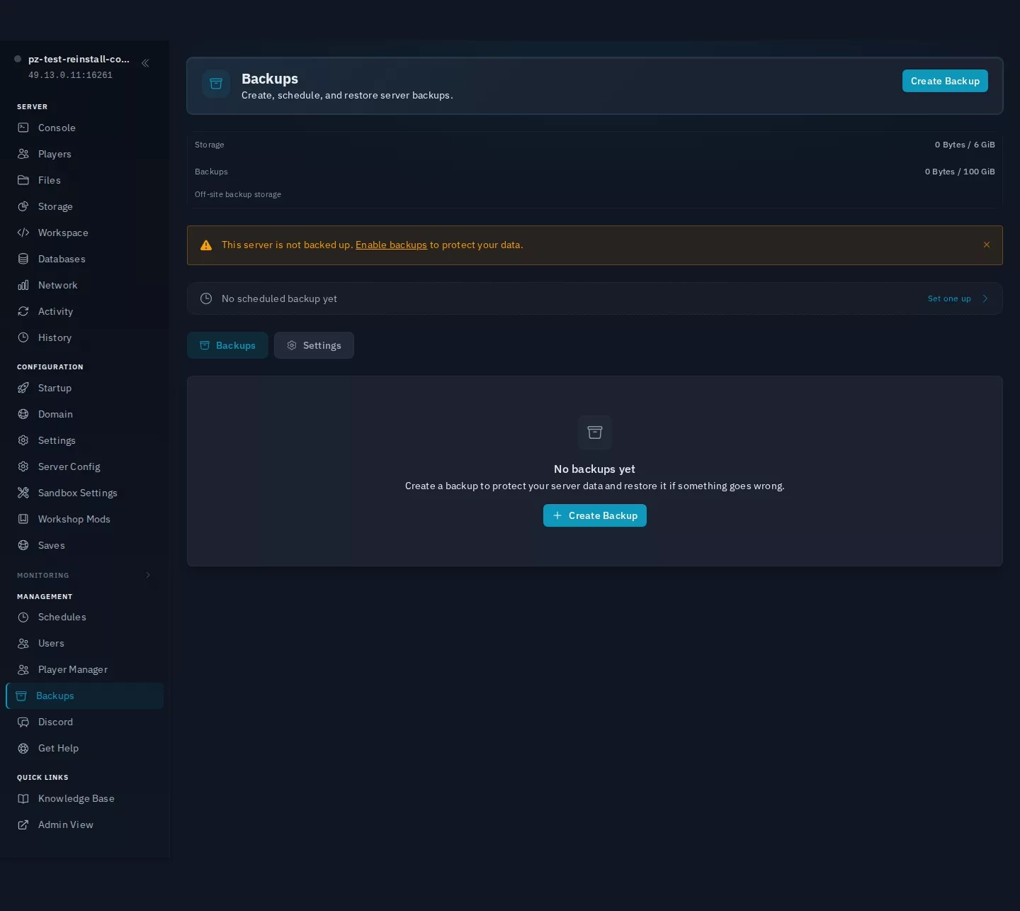 The Backups page in the Zeros Host panel, showing storage usage and a Create Backup button