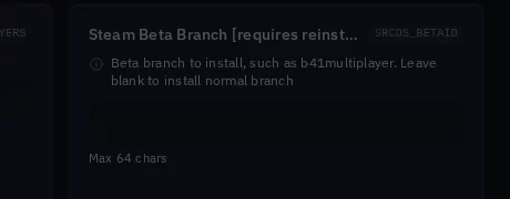 The Startup page Steam Beta Branch field, labelled "requires reinstall", with a description explaining it accepts a Steam beta branch name such as b41multiplayer