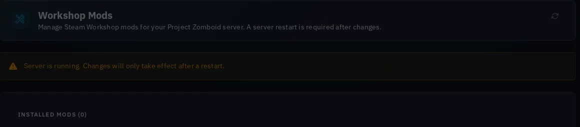The Workshop Mods page for a Project Zomboid server, showing the page header, a "server is running" notice, and the Installed Mods list